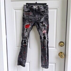 kids skinny jeans 8 FWRD Denim acid-washed black & red heavy distressed